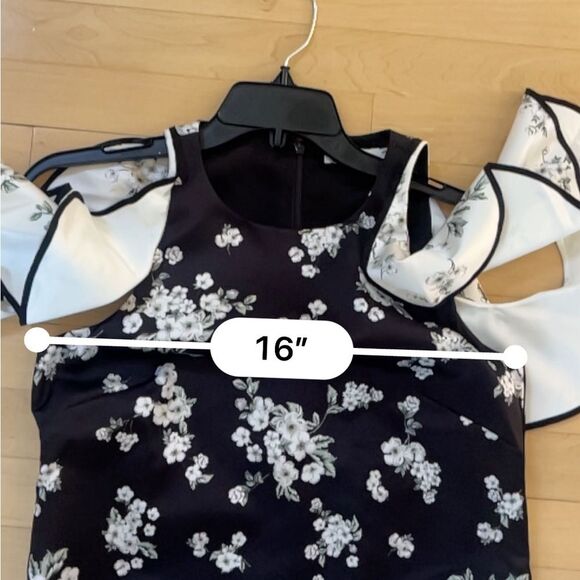 AMUR Jennifer Cold Shoulder Mini Dress in Black White Cherry Blossom Print 2 - Picture 8 of 15